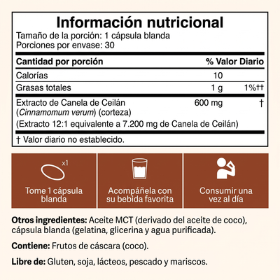 Canela de Ceilán equivalente a 7200 mg con aceite MCT