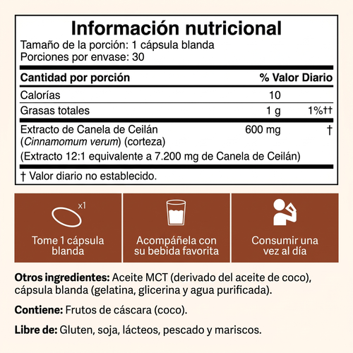 Canela de Ceilán equivalente a 7200 mg con aceite MCT
